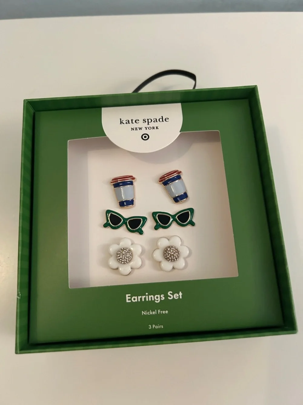 kate spade Green Sunglasses, White Flower & Blue Coffee Cup Earring Set - Picture 1 of 8